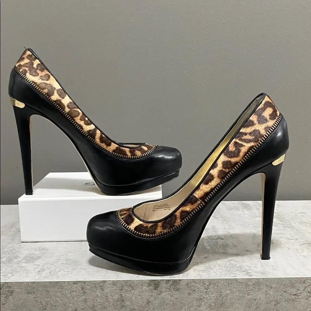 Michael Kors Leopard Cowhide and Black Stiletto Heels Size 8